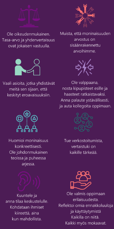 Olemme työstäneet yhdessä weladolaisten kanssa oman versiomme yhdenvertaisuuden ja tasa-arvon säännöistä, jotka auttavat meitä arjessa toimimaan moninaisuutta sekä turvallisuutta ja luottamusta edistävällä tavalla.